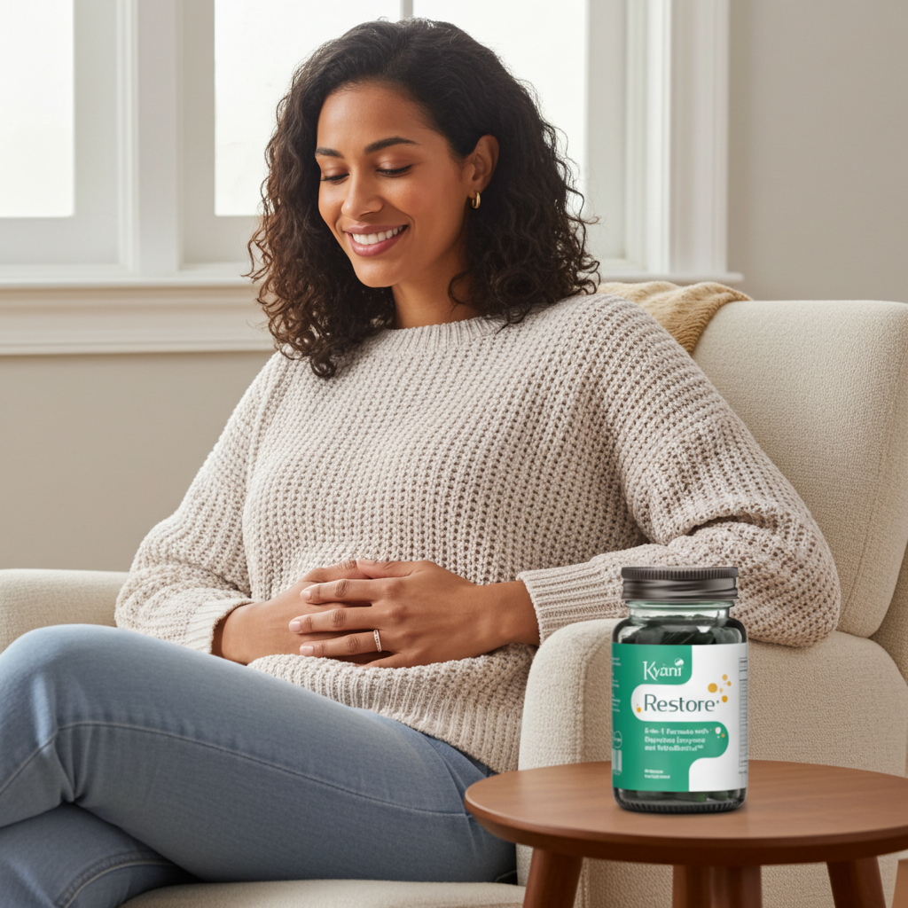 Kwalitatief beeld van Amare Restore, een voedingssupplement met probiotica, enzymen en botanische ingrediënten ter ondersteuning van de spijsvertering en darmbalans.