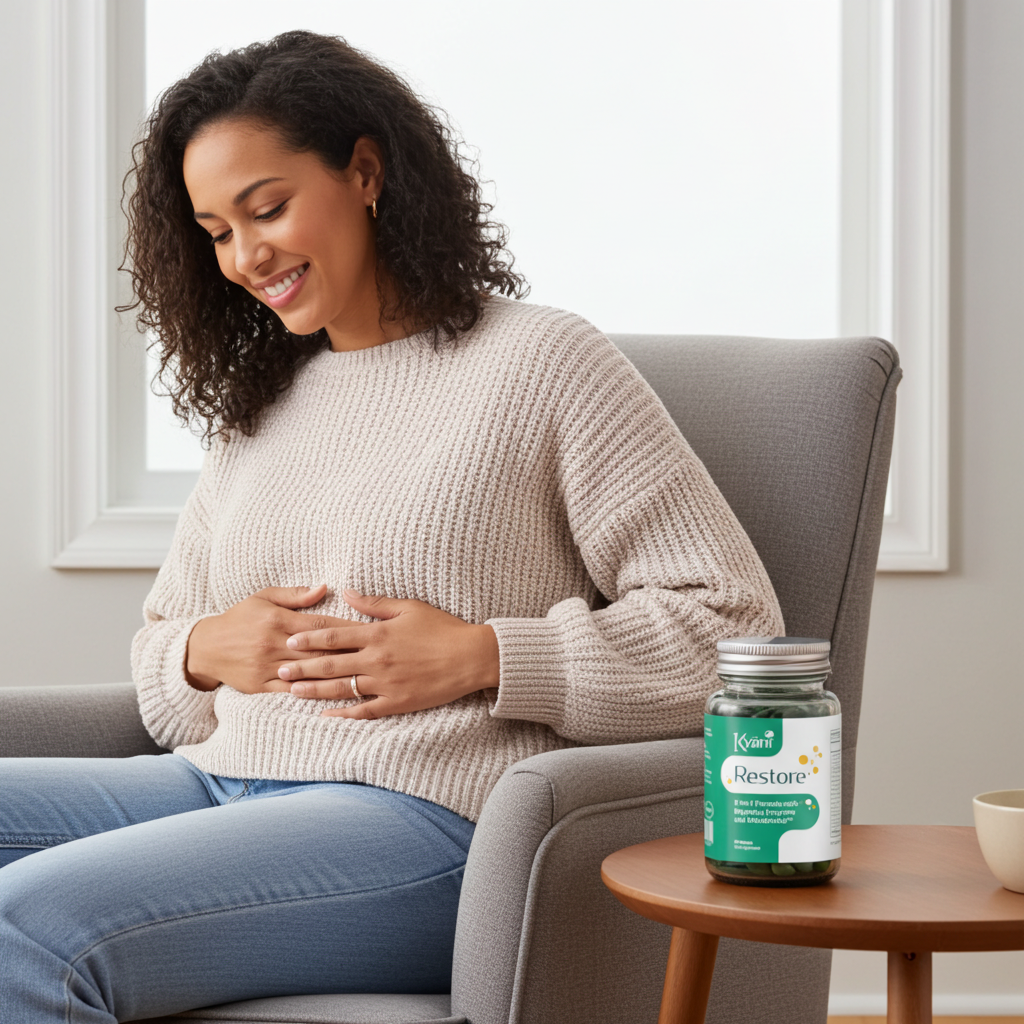 Kwalitatief beeld van Amare Restore, een voedingssupplement met probiotica, enzymen en botanische ingrediënten ter ondersteuning van de spijsvertering en darmbalans.