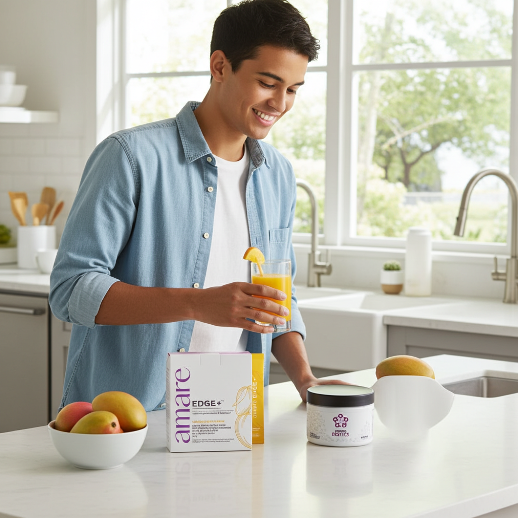 Amare Happy Juice Pack – EDGE+ Mango + Energy+ Dragon Fruit + MentaBiotics